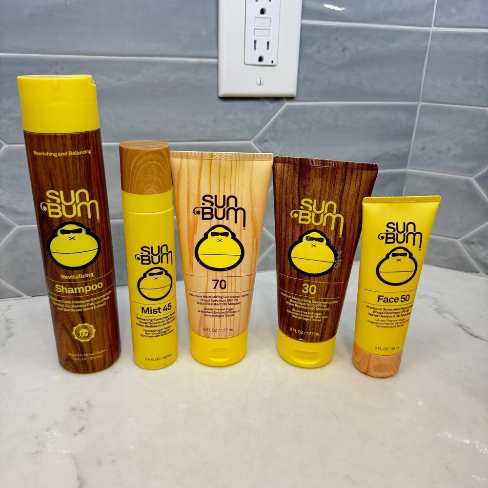 SunBum Bundle 5pc SPF 70 30 Face 50 Mist 45 Shampoo Sunscreen Lot NEW